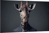 Dibond - Giraffe Zakenman in Pak - 150x100 cm Foto op Aluminium (Met Ophangsysteem)