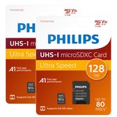 2 Stuks Philips micro SDXC kaart 128 GB - Class 10 UHS-I - Inclusief adapter - 2-Pack