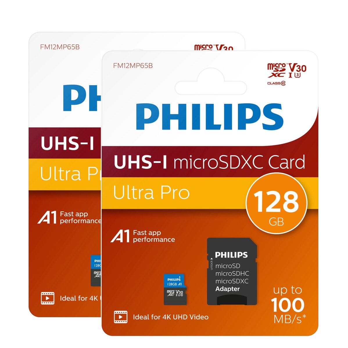 2x Philips FM12MP65B - Micro SDXC kaart 128GB incl. adapter - Class 10 - UHS-I U3 - 2-Pack