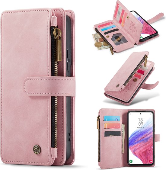 Étui portefeuille rose fermé et ouvert, avec compartiment zippé et fentes pour cartes.
