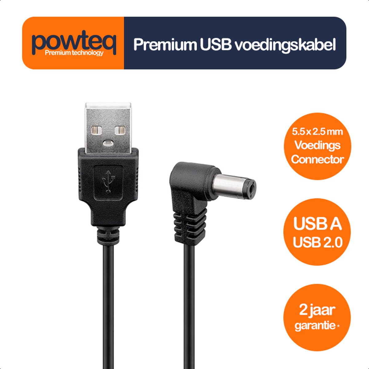 Powteq - 1.5 meter USB naar DC connector - 5.5 x 2.5 mm - USB naar Stroom - USB 2.0