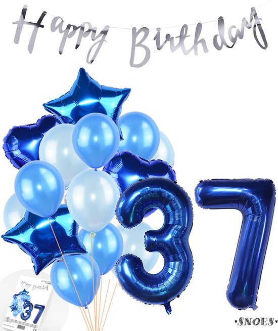 Snoes Ballonnen 37 Jaar Feestpakket – Versiering – Verjaardag Set Mason Blauw Cijferballon 37 Jaar - Heliumballon