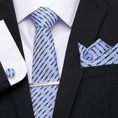 Cravate Luxe Rayée Blauw Clair | Set de cravate avec boutons de Boutons de manchette, pochette et pince à cravate | Coffret Cadeau De Luxe | Cadeau homme | Cadeau de Saint-Valentin
