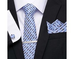 Luxe Stropdas Licht Blauw Gestreept | Stropdas Set met Manchetknopen, Pochet en Dasspeld | Luxe Geschenkverpakking | Mannen Cadeau |