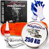 Magfishion Magneetvissen Set 250 KG - Vismagneet - 20 Meter Lang Touw + Karabijnhaak met Schroefsluiting - Handschoenen - Borgmiddel - Magneetvissen Starterspakket - Magneet Vissen - Outdoor - Magneetvissen Kinderen