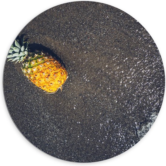 Dibond Muurcirkel - Ananas op het Strand met Zee - 100x100 cm Foto op Aluminium Muurcirkel (met ophangsysteem)
