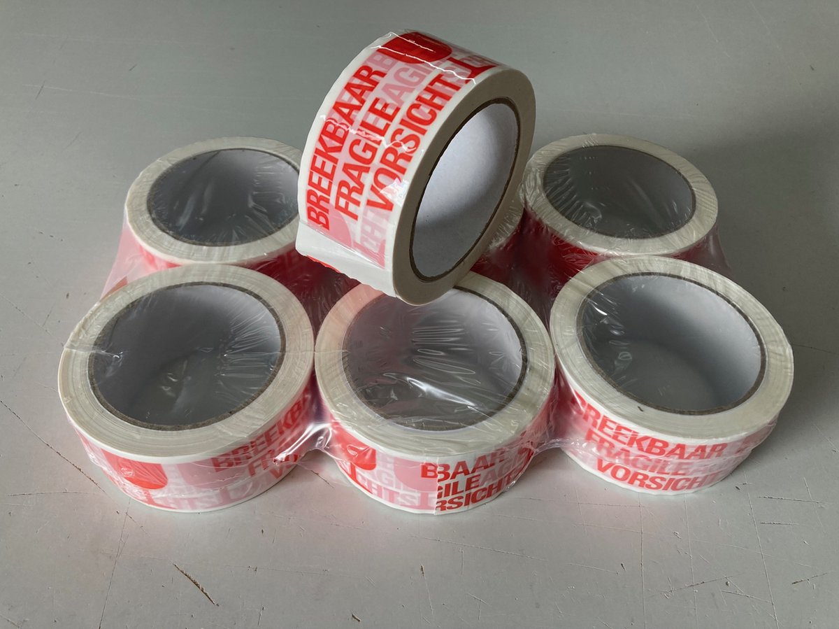 Black Beauty PP Acryl Noise Verpakkingstape Breekbaar - Fragile - Vorsicht tape 48 mm. x 66 meter 6 Rollen