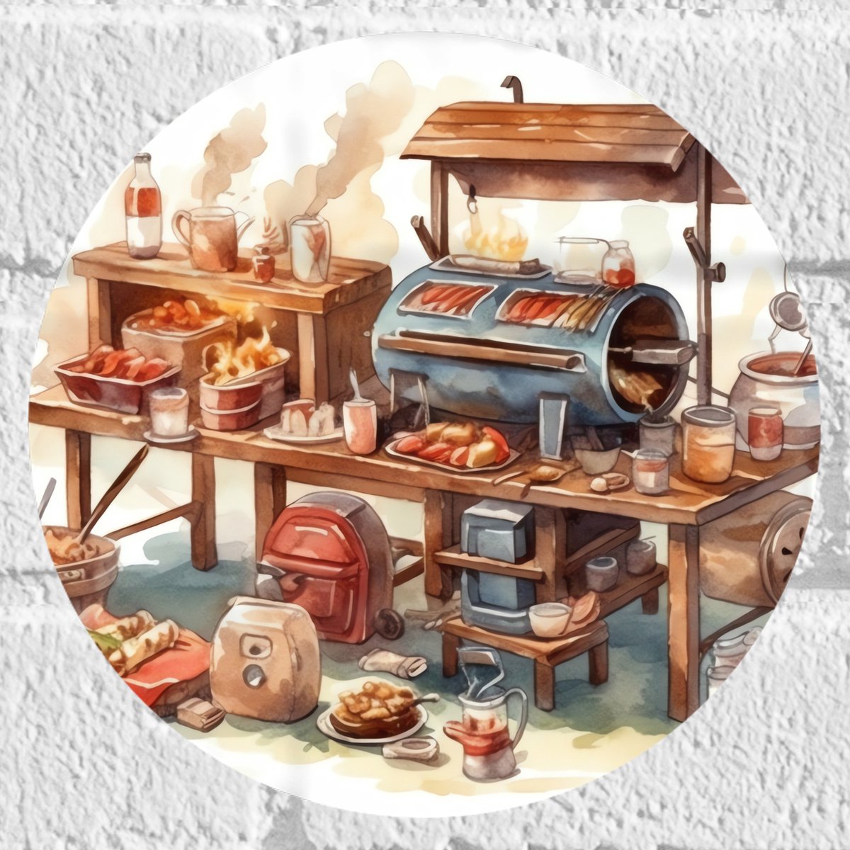 Muursticker Cirkel - Tekening van Barbecue - 20x20 cm Foto op Muursticker