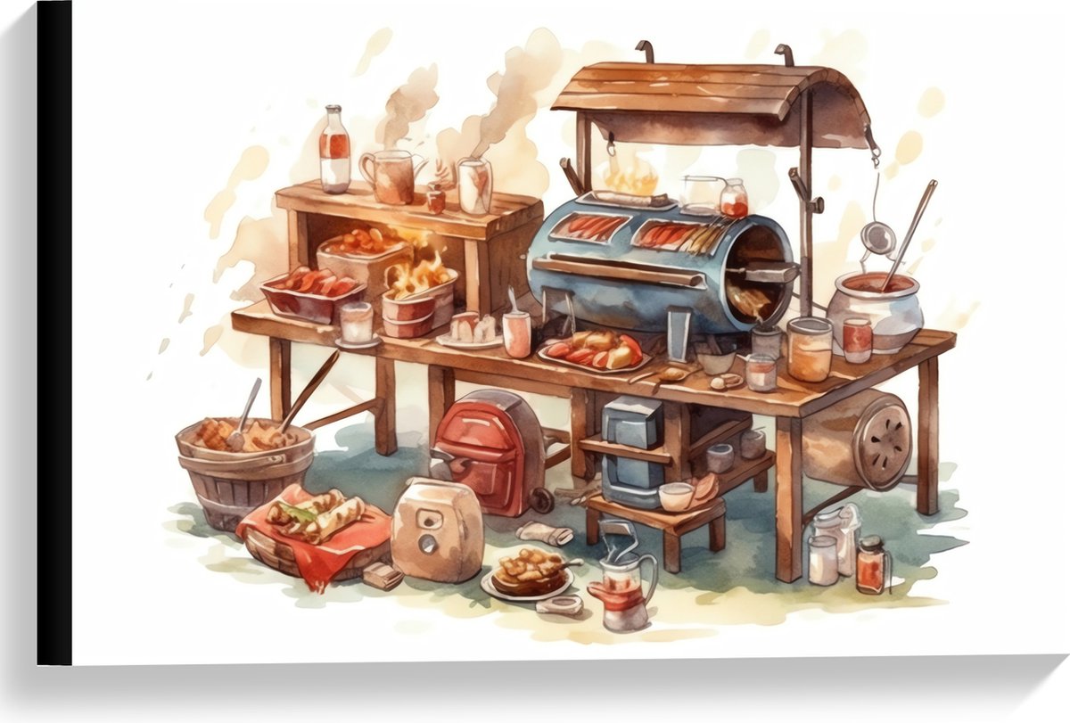 Canvas - Tekening van Barbecue - 60x40 cm Foto op Canvas Schilderij (Wanddecoratie op Canv