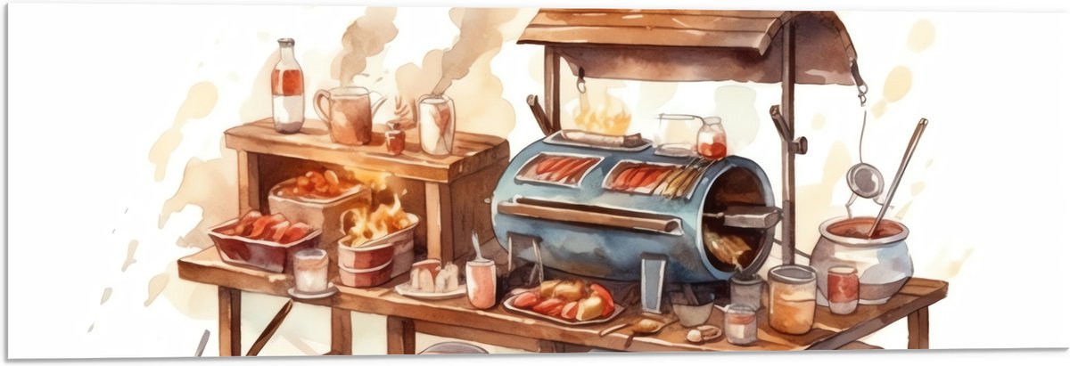 Acrylglas - Tekening van Barbecue - 90x30 cm Foto op Acrylglas (Met Ophangsysteem)