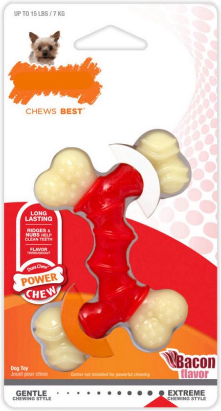 Nylabone Dura Chew dubbel bot met baconsmaak. Rood bot met beige botuiteinden. Voor krachtige kauwers.