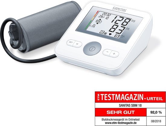 Sanitas SBM 18 Bloeddrukmeter bovenarm - Hartslagmeter - Manchet 22 tot 42 cm - Klinisch gevalideerd - Test oordeel : Zeer Goed - Onregelmatige hartslag - Risico-indicator - Manchet aanbrengcontrole - Incl. batterijen - 2 Jaar garantie
