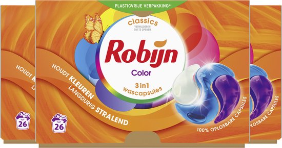 Robijn Classics 3-in-1 Wascapsules - Color - Wasmiddel Voordeelverpakking - 3 x 26 stuks - 78 Wasbeurten