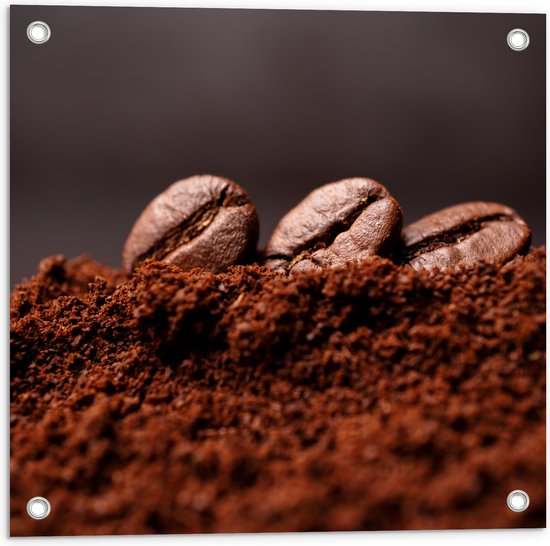 Tuinposter – Drie Koffiebonen met Gemalen Koffie - 50x50 cm Foto op Tuinposter (wanddecoratie voor buiten en binnen)