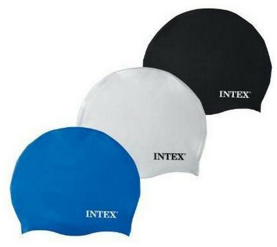 Drie Intex badmutsen: blauw, wit en zwart, met logo.