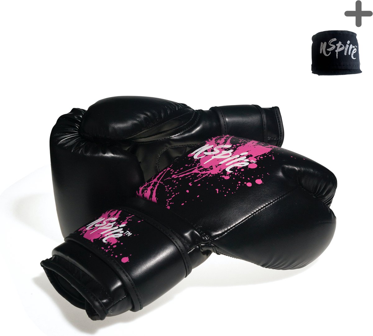 Nspire Sports : (kick) bokshandschoen - plus gratis bandage - Splash Zwart/Roze - 12 oz