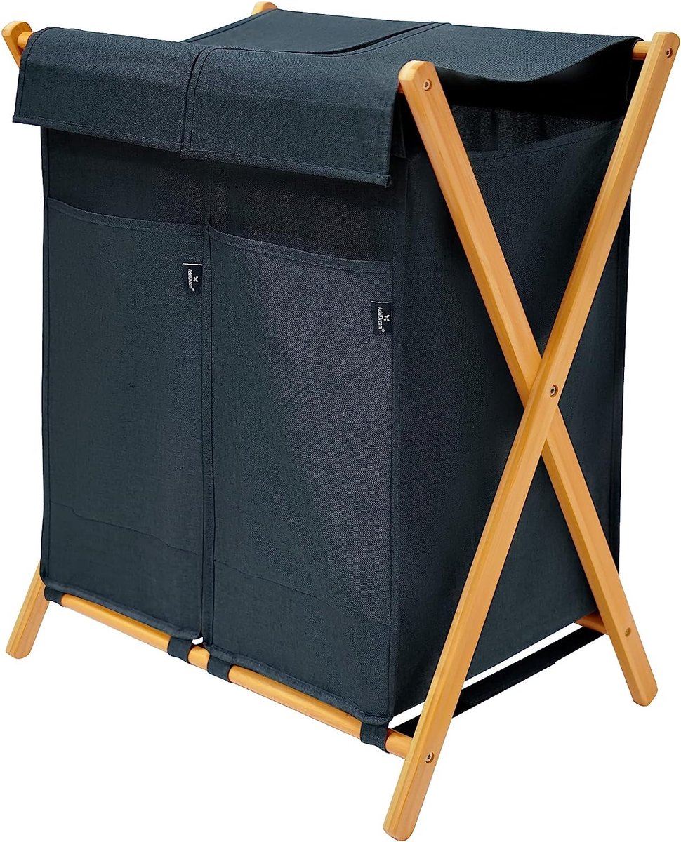 Goedkoopste Wasmand met 2 vakken, 100 l, bamboe wasverzamelaar, wassortersysteem, wassorterder, hout, wasketts, wasmand met deksel, X-formed bamboo planken (100 l, grijs