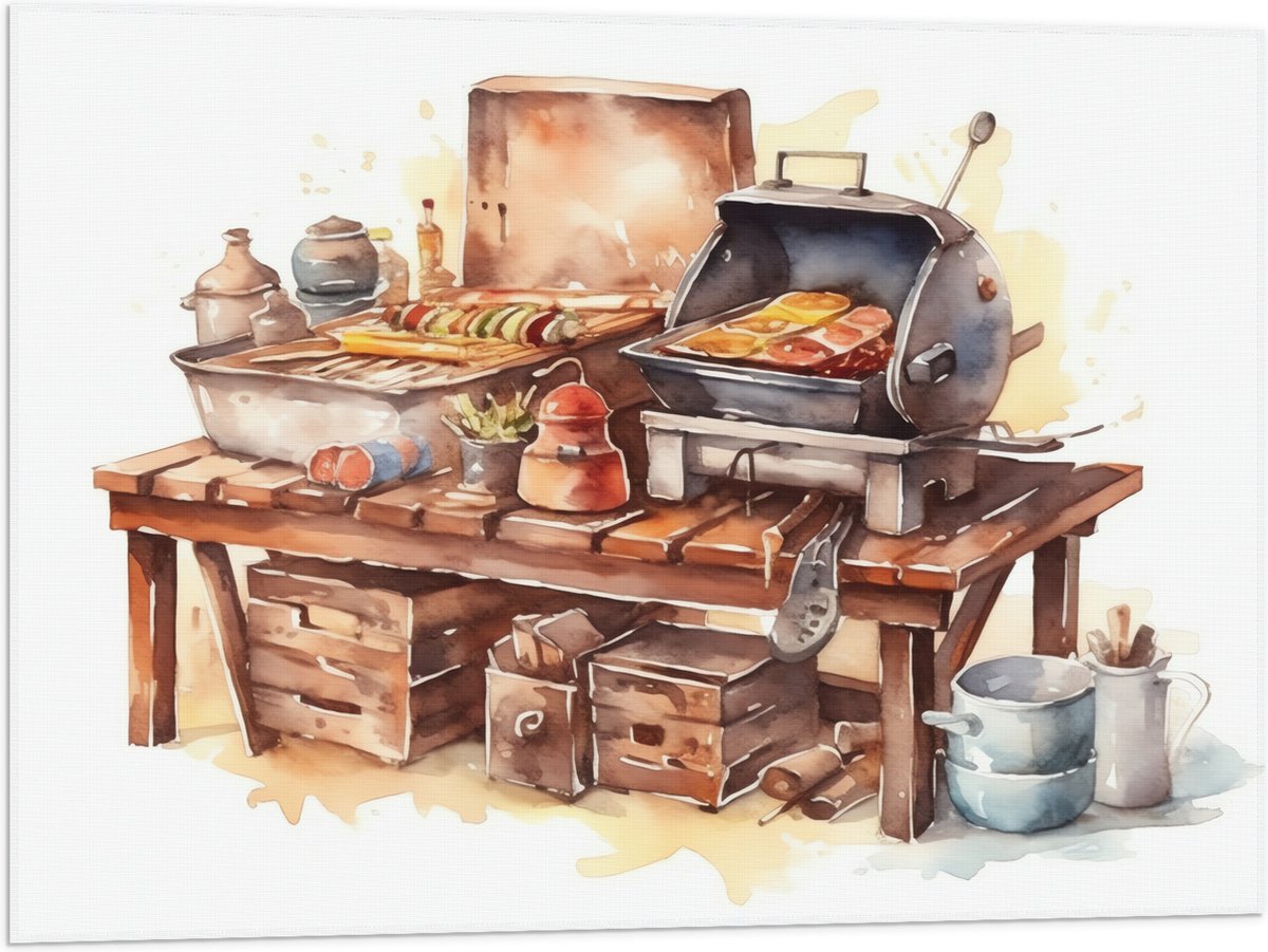 Vlag - Waterverf Tekening met Barbecue en Eten - 80x60 cm Foto op Polyester Vlag