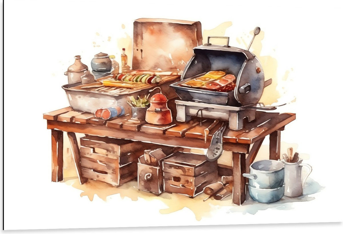 Dibond - Waterverf Tekening met Barbecue en Eten - 105x70 cm Foto op Aluminium (Wanddecora