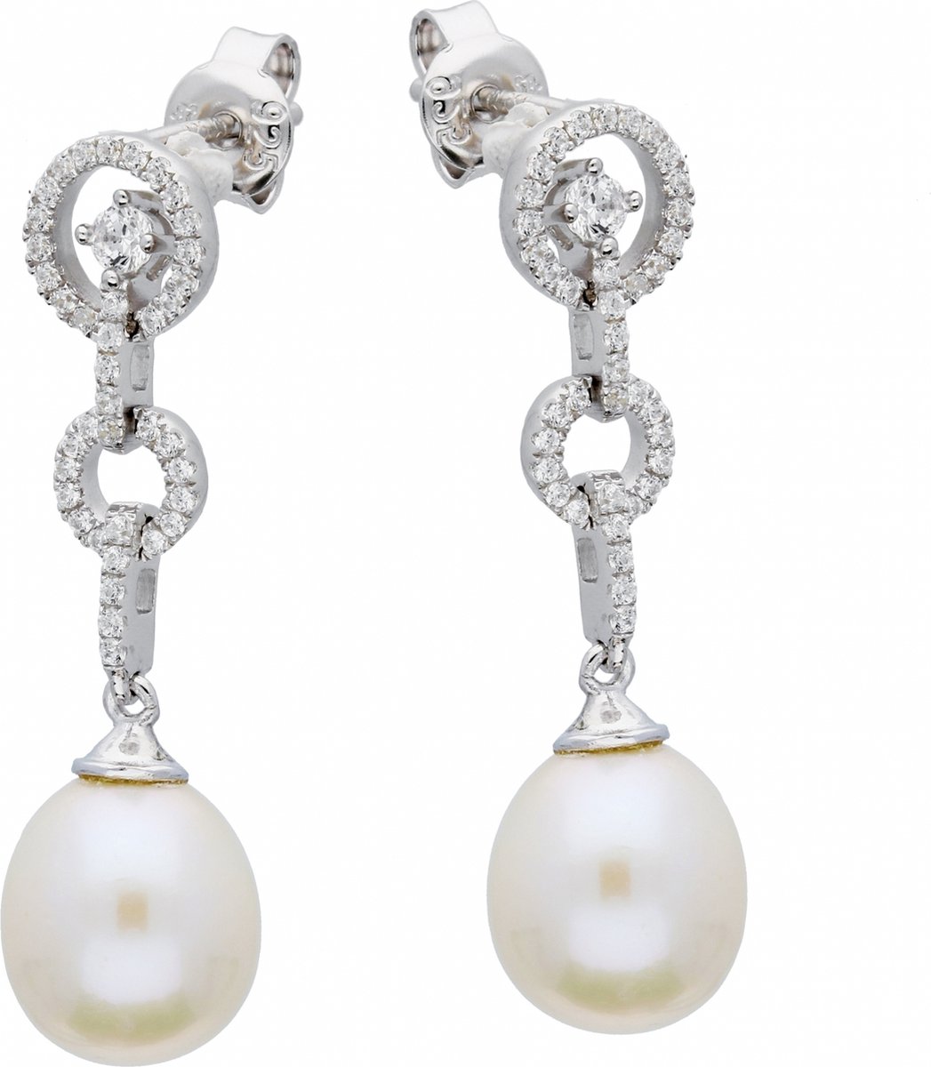 Classics&More pareloorhangers - zilver gerodineerd - zirkonia - witte zoetwaterparel - 30 x 9 mm