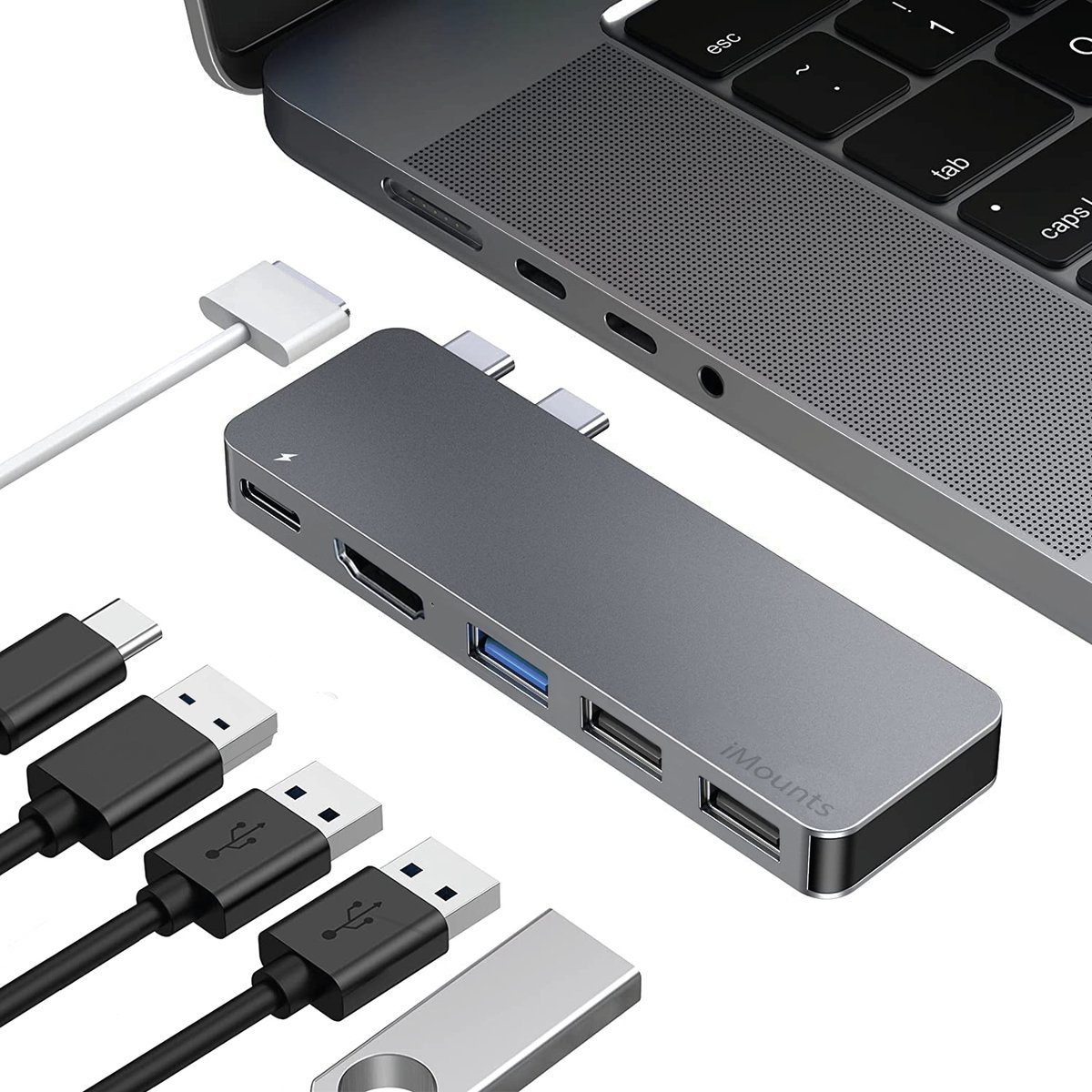 iMounts USB-C hub MacBook Air/Pro - 2022 en 2023 - HDMI - USB3.0 - Thunderbolt 3 - Space Gray
