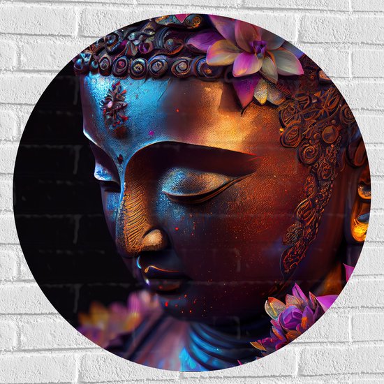 Muursticker Cirkel - Religieuze Boeddha met Roze Lelie Bloemen - 80x80 cm Foto op Muursticker