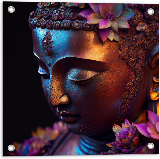 Tuinposter – Religieuze Boeddha met Roze Lelie Bloemen - 50x50 cm Foto op Tuinposter (wanddecoratie voor buiten en binnen)