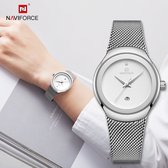 NAVIFORCE horloge met zilveren metalen polsband, witte wijzerplaat en zilveren horlogekast voor dames met stijl ( model 5004 SW )