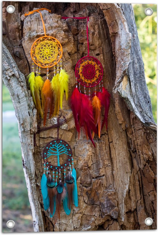 Tuinposter – Drie Kleurrijke Mini Dromenvangers Hangend aan Boomstronk - 40x60 cm Foto op Tuinposter (wanddecoratie voor buiten en binnen)