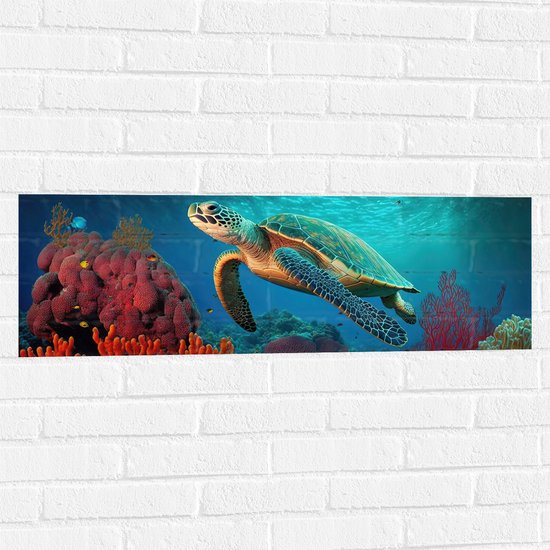 Muursticker - Schilderij van Zeeschildpad Zwemmend tussen het Koraal op de Zeebodem - 90x30 cm Foto op Muursticker