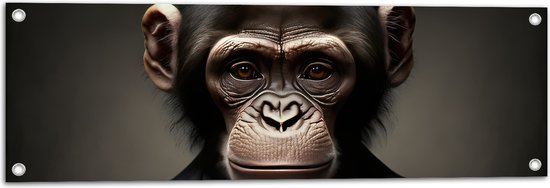 Tuinposter – Portretfoto van Chimpansee Aap in Zakelijk Pak met Gestreepte Stropdas - 90x30 cm Foto op Tuinposter (wanddecoratie voor buiten en binnen)