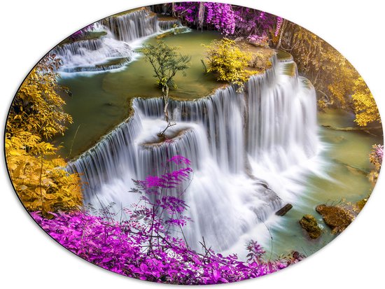 Dibond Ovaal - Bovenaanzicht van Hoge Watervallen omringd door Paars - 68x51 cm Foto op Ovaal (Met Ophangsysteem)
