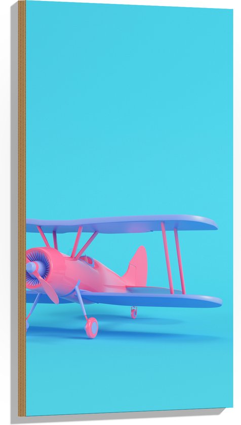 Hout - Roze met Paars Zweef Vliegtuig op Blauwe Achtergrond - 50x100 cm - 9 mm dik - Foto op Hout (Met Ophangsysteem)