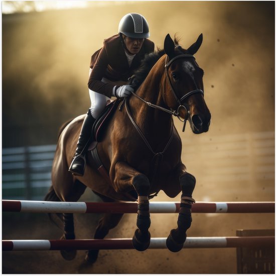 Poster Glanzend – Racepaard met Ruiter in Actie - 50x50 cm Foto op Posterpapier met Glanzende Afwerking
