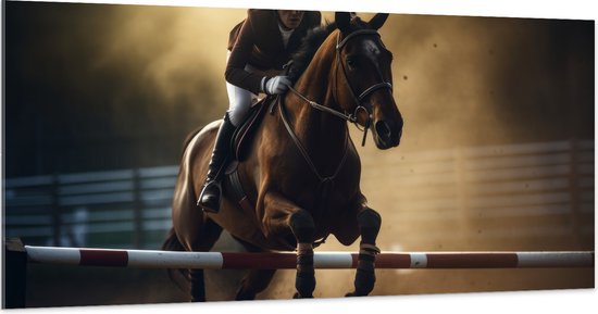 Acrylglas - Racepaard met Ruiter in Actie - 200x100 cm Foto op Acrylglas (Met Ophangsysteem)