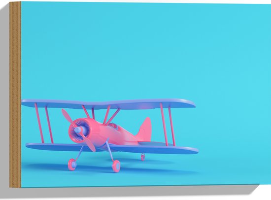 Hout - Roze met Paars Zweef Vliegtuig op Blauwe Achtergrond - 40x30 cm - 9 mm dik - Foto op Hout (Met Ophangsysteem)