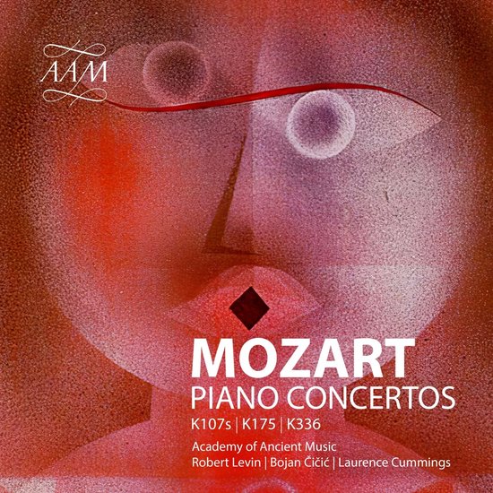 Albumhoes met abstracte gezichtskunst in rode en oranje tinten, met de tekst "MOZART PIANO CONCERTOS".