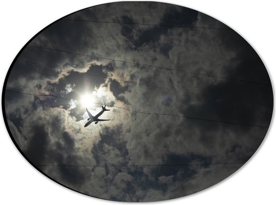 Dibond Ovaal - Passagiersvliegtuig Zwemmend bij de Zon langs de Wolken - 28x21 cm Foto op Ovaal (Met Ophangsysteem)