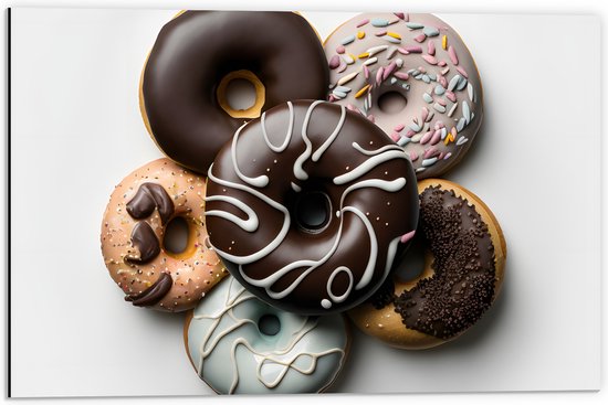 Dibond - Stapel Verschillende Smaken Donuts tegen Lichtgekleurde Achtergrond - 60x40 cm Foto op Aluminium (Met Ophangsysteem)
