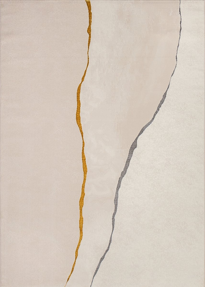 Karpet24 Creation Vloerkleed - Strakke Abstracte Stijl met Goud-Grijs Contrast op Crème-140 x 200 cm