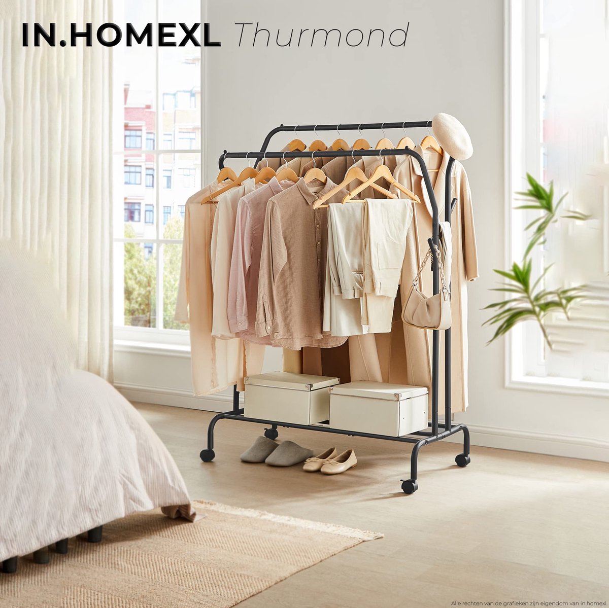 IN.HOMEXL - Kledingrek Thurmond - kledingrek metaal - kledingrek op wieltjes - 103 x 155 x 52 cm (B x H x T) - Zwart
