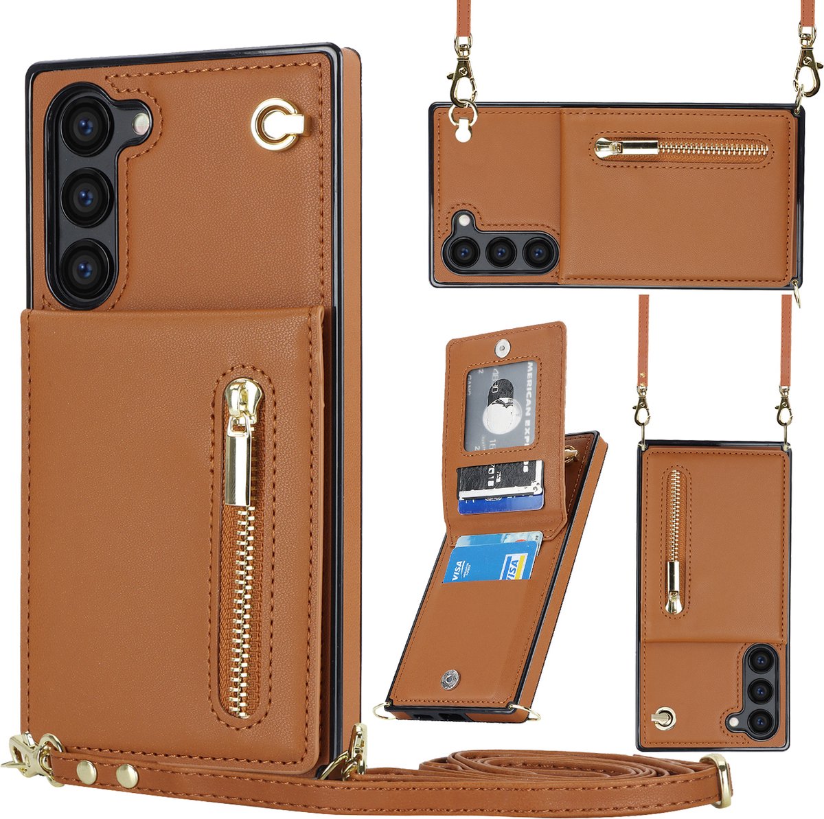 Geschikt Voor Samsung Galaxy S23 Hoesje Met Koord - Solidenz S23 Wallet Case Cover - Hoesje Samsung S23 - Bruin