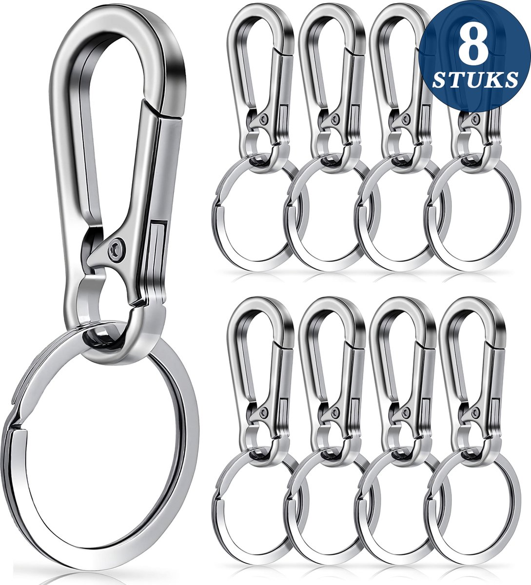 8 Stuks Zilver RVS Karabijnhaak Sleutelhangers - Musketonhaak met Sleutelringen voor Volwassenen - Mini Musketon en ringetjes - Auto Klein Carabiner Sleutel Hanger, Houder - Karabijn haak ringen - Keychain Karabijnsluiting
