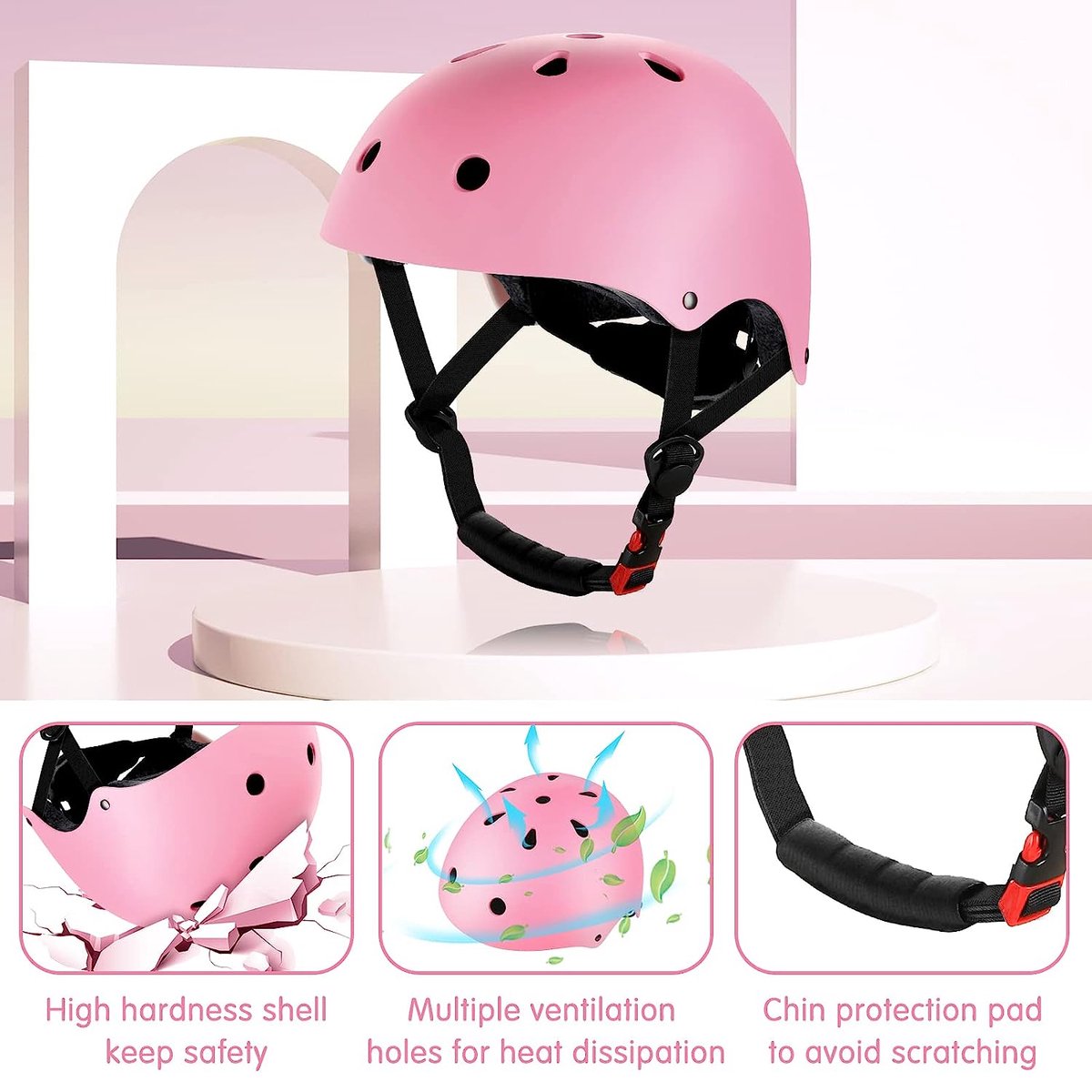 Casque rose avec protections coudieres genouilleres fille 