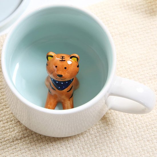Mug tigre doux tasse à café, céramique, tasse à thé avec cuillère et sous-verre, 350 ml, grand, tasse à café 3D, tasse amusante, tasses à expresso, tasse à café, tasse à cappuccino, joli cadeau (Tiger)