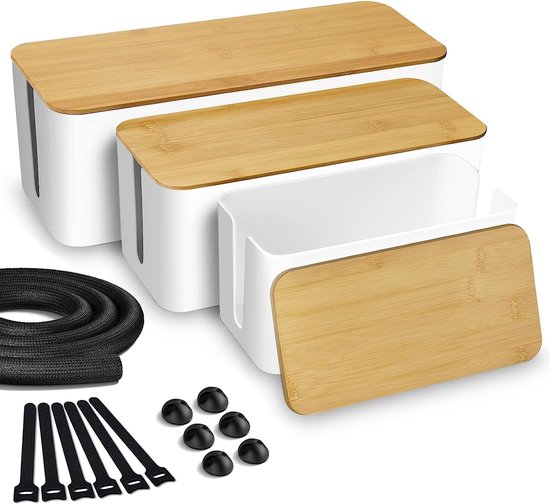 Set van 3 Kabelboxen Wit ABS Kunststof met Bamboe Deksel - Kabelbox Bureau Inclusief Accessoires voor het Verbergen van Kabels - Kabelmanagement Organizer Box Large & Medium & Small