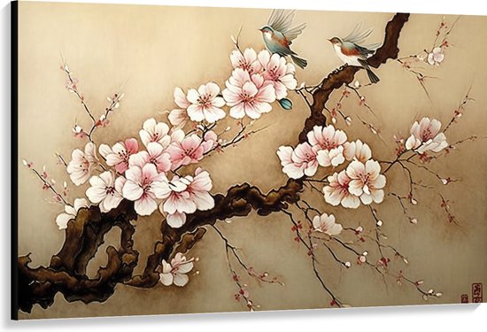 Canvas - Tekening van Tak met Vogeltjes en Roze Bloemen - 150x100 cm Foto op Canvas Schilderij (Wanddecoratie op Canvas)