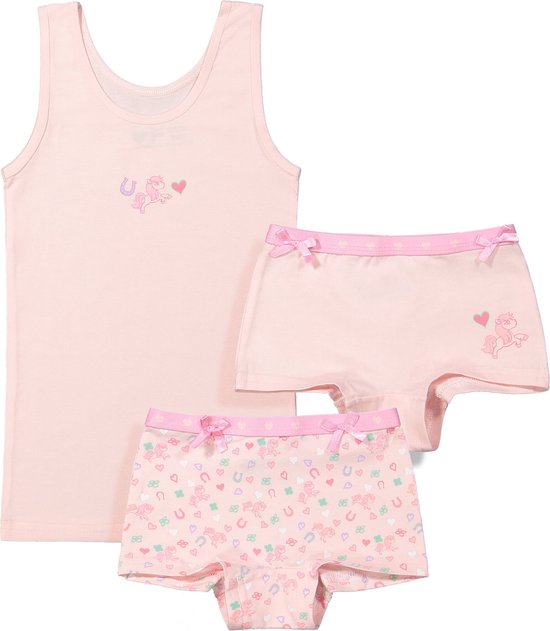 Roze hemd met paardjesprint en bijpassende roze shorts met strikjes, met paardjes en hartjesprint.