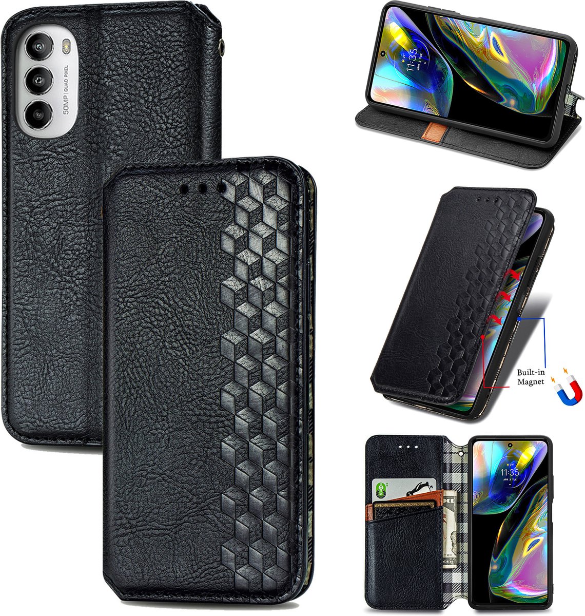 Luxe PU Lederen Ruitpatroon Wallet Case + Screenprotector voor Moto G82 5G / G52 _ Zwart
