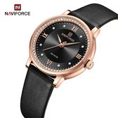 NAVIFORCE horloge met zwarte lederen polsband, zwarte wijzerplaat en rosé gouden horlogekast voor dames met stijl ( model 5036 RGBB )